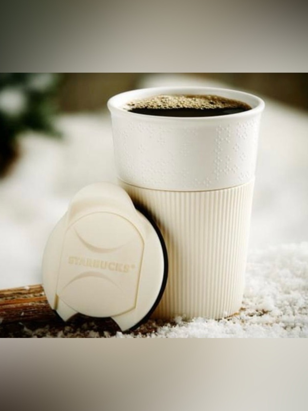 Starbucks Coffee Travel Mug White Cream Ceramic Silicone Sleeve Snowflake 2013 - Picture 2 of 10